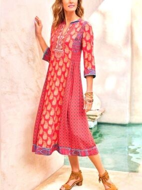 Soft Surroundings Phoenix Dress Women Medium Petite Red Boho Beaded Embroidered